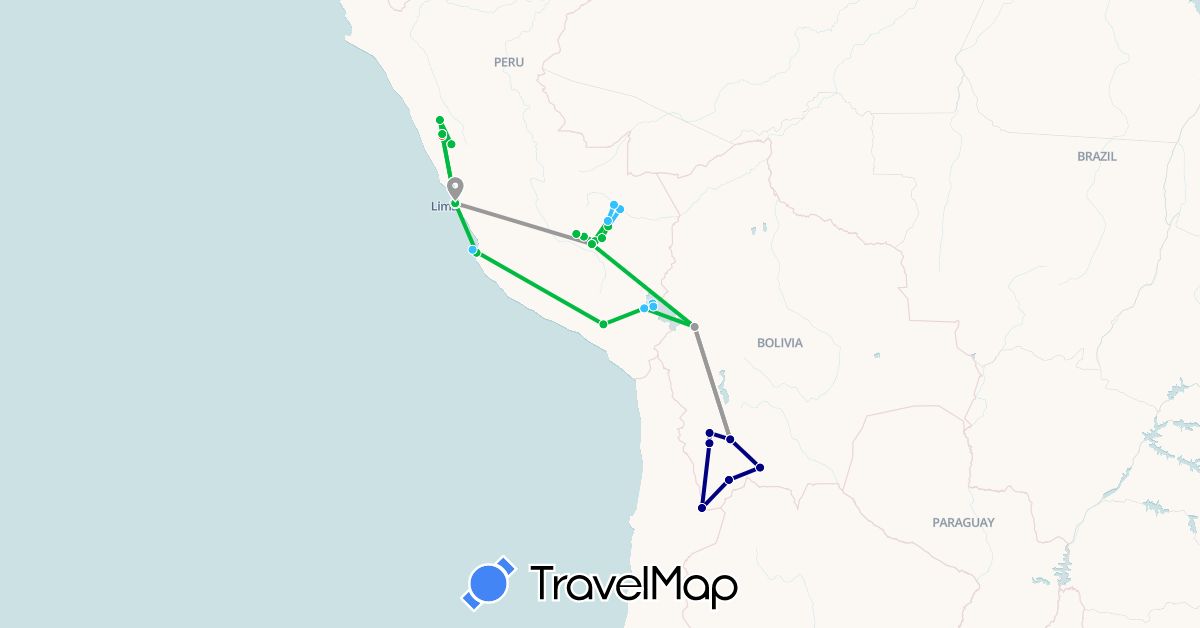 TravelMap itinerary: driving, bus, plane, train, hiking, boat in Bolivia, Peru (South America)